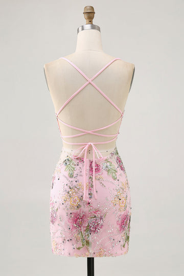 Floral Bodycon Sequin Pink Homecoming Dress with Lace-up Back